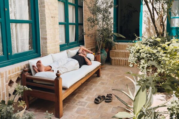 yazd-iran-overlanding-3 relaxing on the bench in the backyard