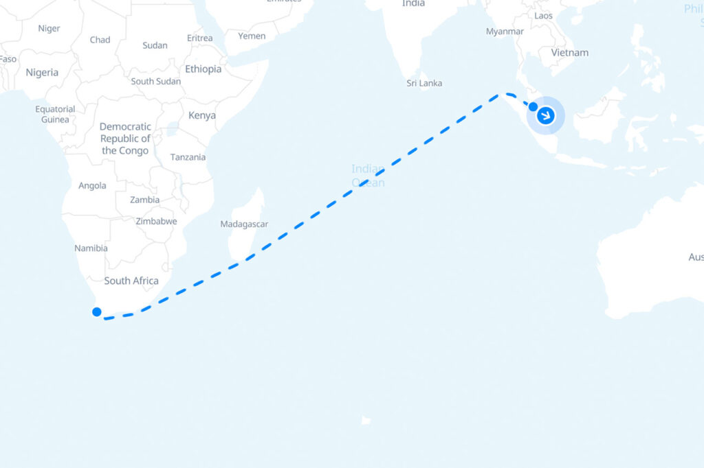 a map of our shipment from kuala lumpur to cape town